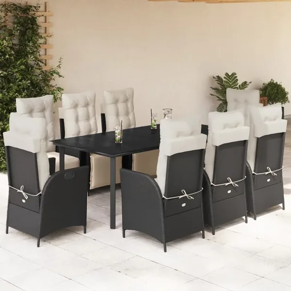 Ensemble à manger de jardin 9pcs coussins noir résine tressée