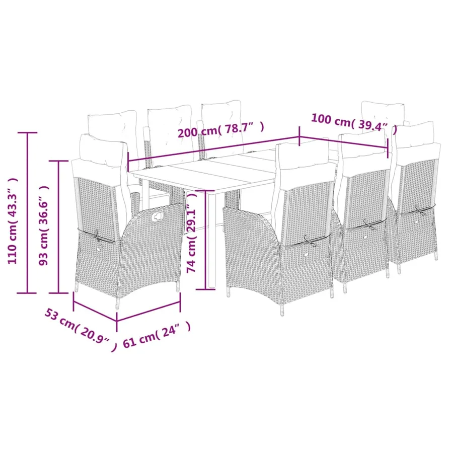 Ensemble à manger de jardin 9pcs coussins noir résine tressée - 9