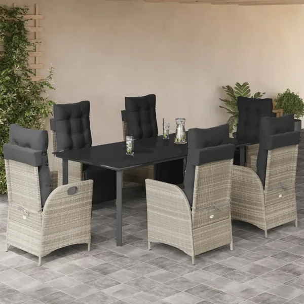 Ensemble à manger de jardin et coussins 7 pcs gris clair rotin