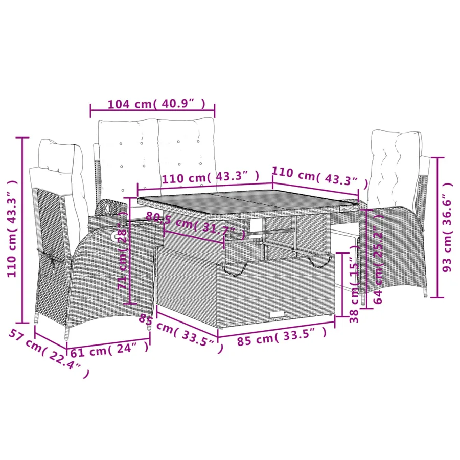 Ensemble à manger jardin 4pcs et coussins Gris Résine tressée - 9
