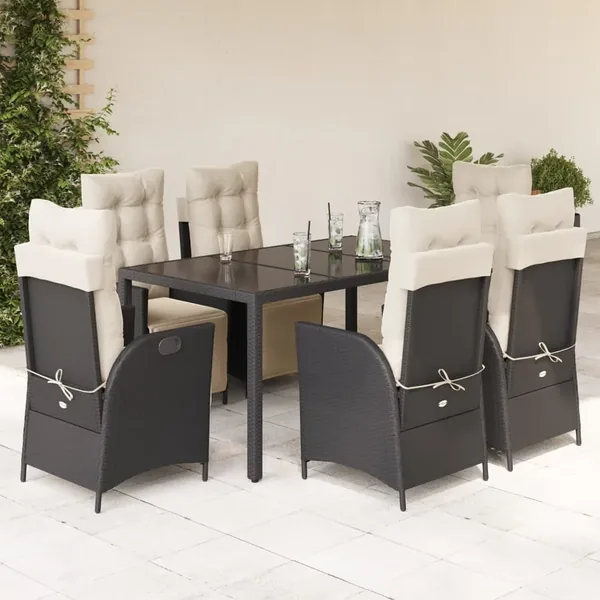 Ensemble à manger de jardin coussins 7pcs Noir Résine tressée