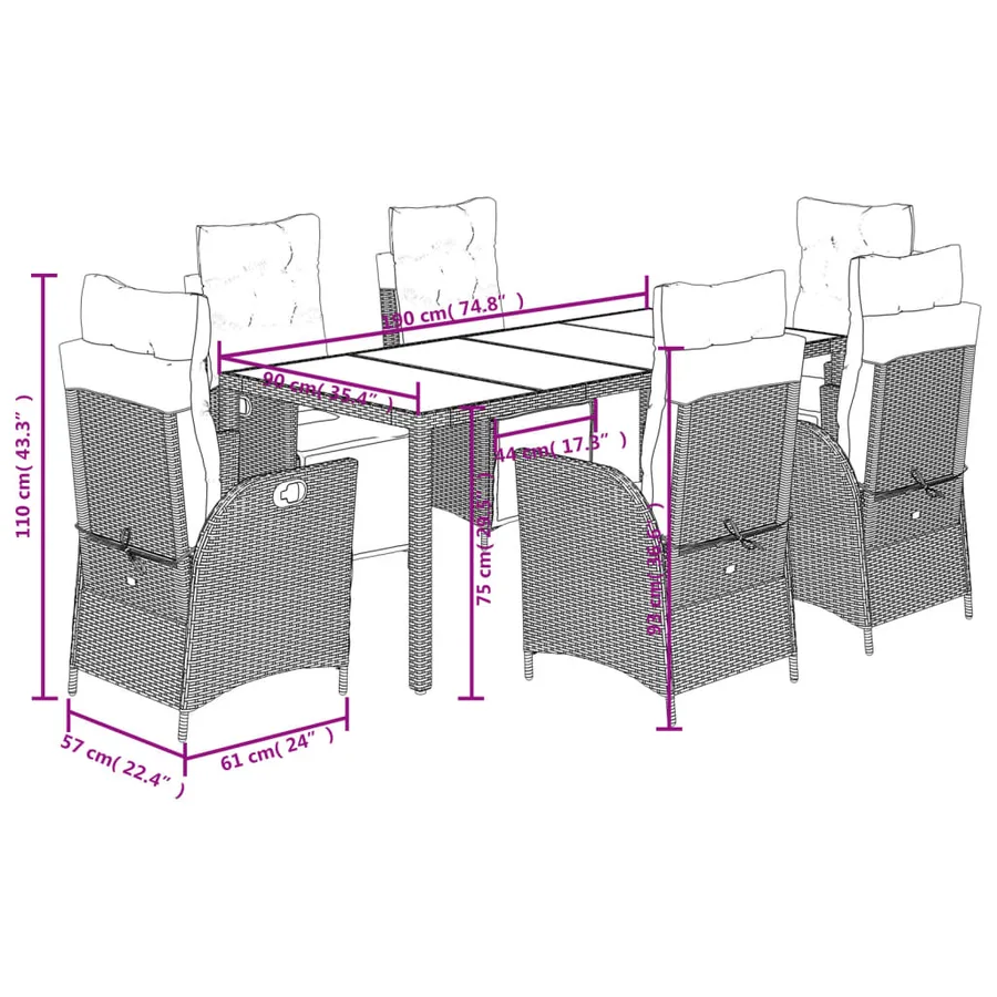 Ensemble à manger de jardin coussins 7pcs Noir Résine tressée - 9