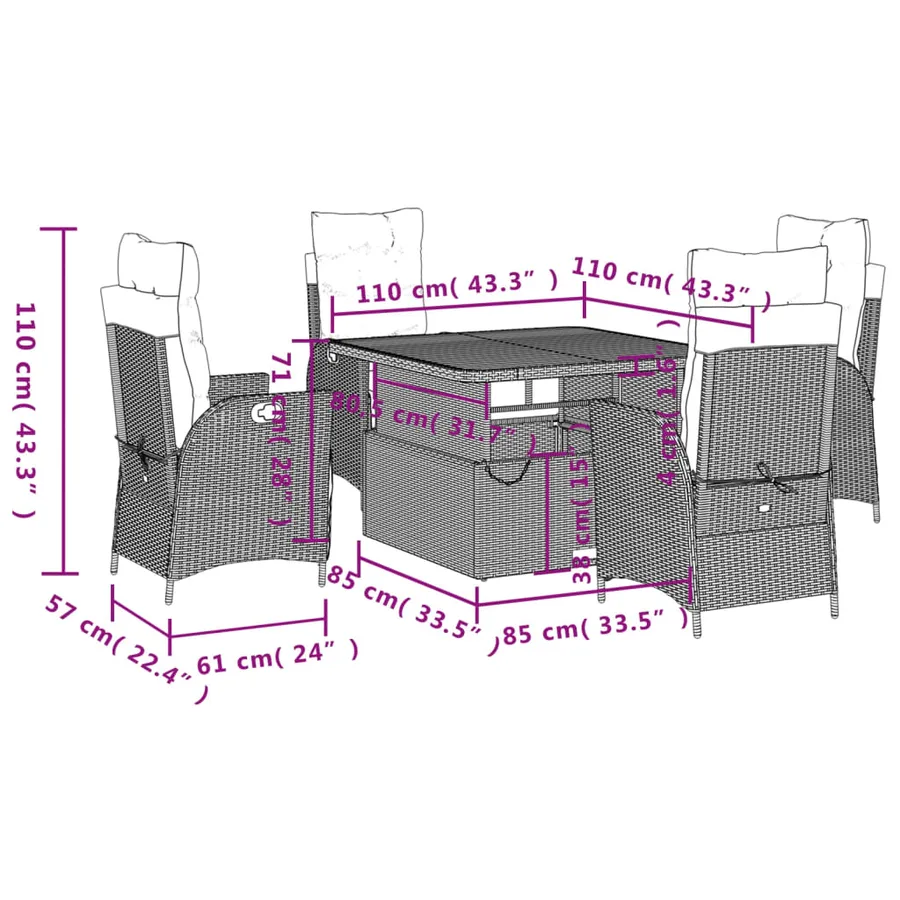 Ensemble à manger de jardin coussins 5pcs Noir Résine tressée - 8
