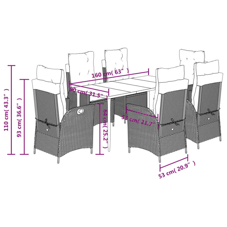 Ensemble à manger de jardin et coussins 7 pcs marron rotin - 12