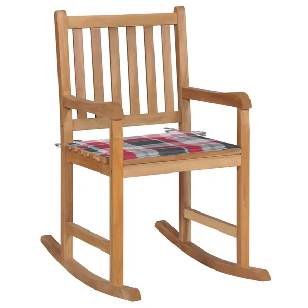 Chaise à bascule avec coussin à carreaux rouges Bois de teck