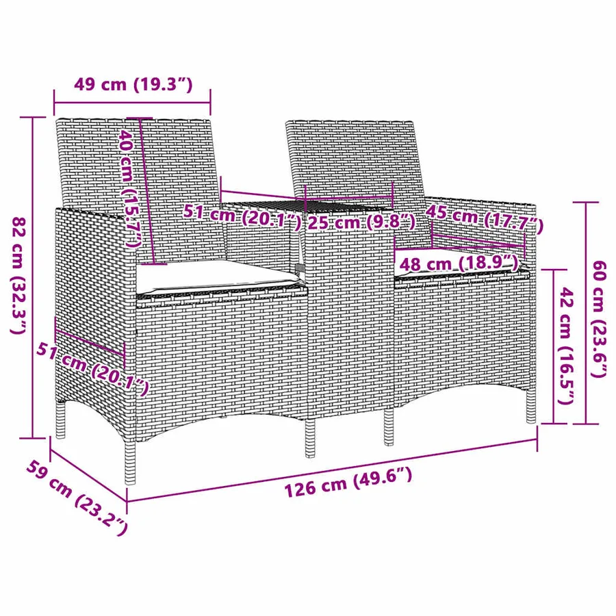 Canapé de jardin 2 places avec table et coussins résine tressée - 8