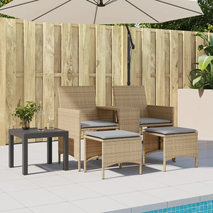 Canapé de jardin 2 places avec table et tabourets beige rotin - 3