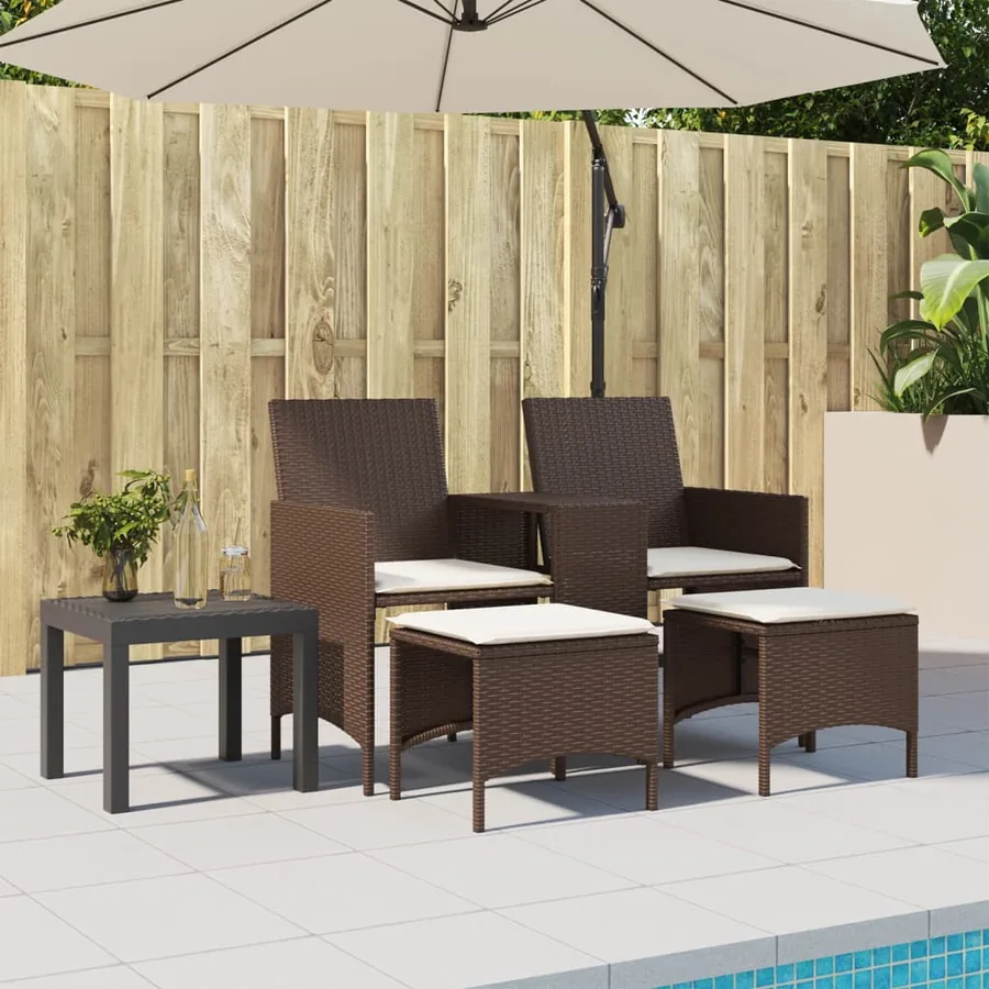 Canapé de jardin 2 places avec table et tabourets marron rotin - 3