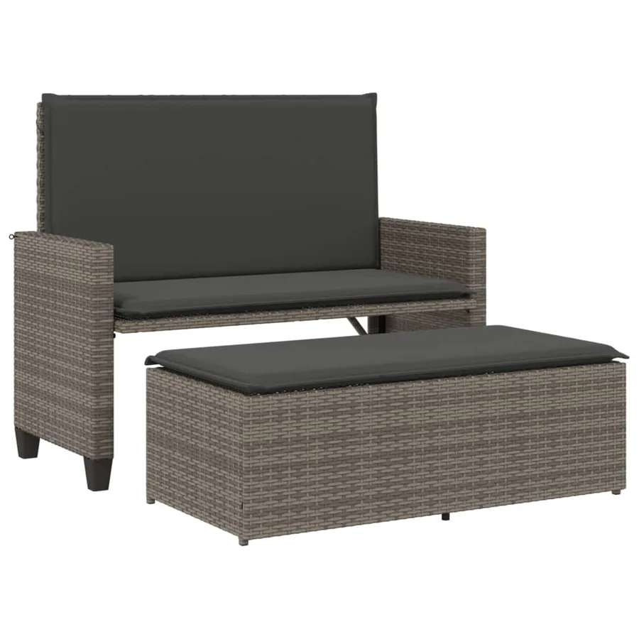Banc de jardin avec coussins et repose-pied gris résine tressée - 2