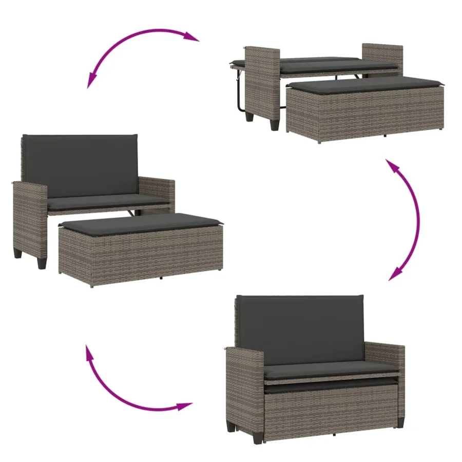 Banc de jardin avec coussins et repose-pied gris résine tressée - 8