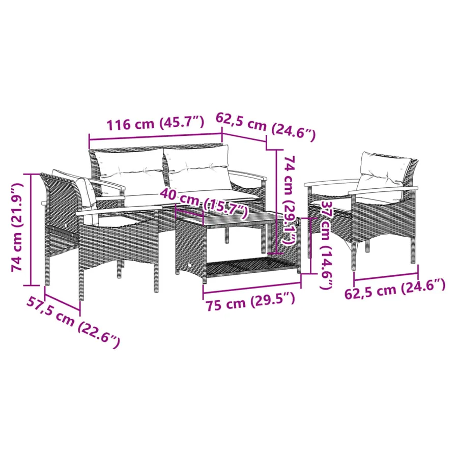 Salon de jardin 4 pcs avec coussins gris résine tressée - 13