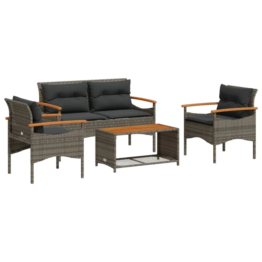 Salon de jardin 4 pcs avec coussins gris résine tressée - 2