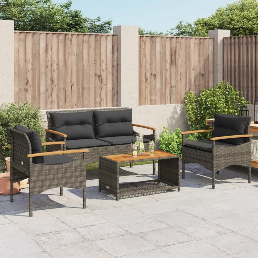 Salon de jardin 4 pcs avec coussins gris résine tressée - 3