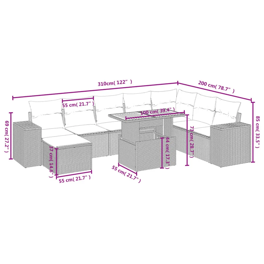 Salon de jardin 9 pcs avec coussins gris résine tressée - 4