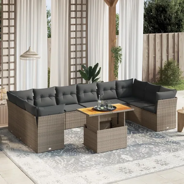 Salon de jardin 11 pcs avec coussins gris résine tressée