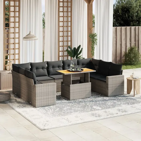 Salon de jardin avec coussins 10 pcs gris résine tressée