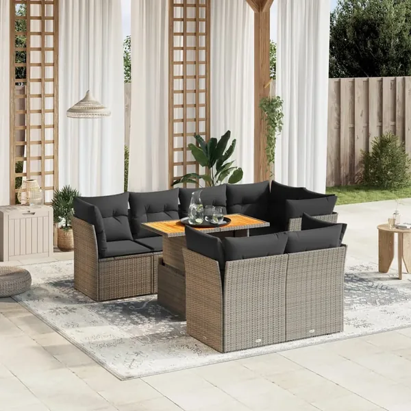 Salon de jardin 8 pcs avec coussins gris résine tressée