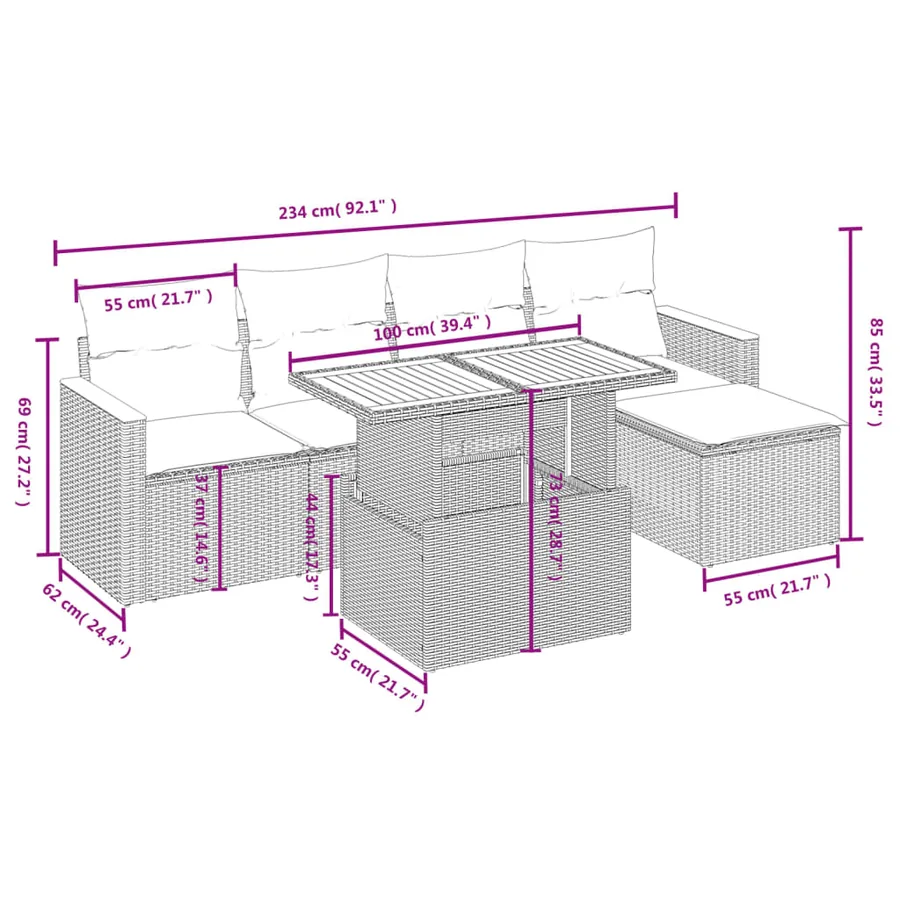 Salon de jardin 6 pcs avec coussins gris résine tressée - 3