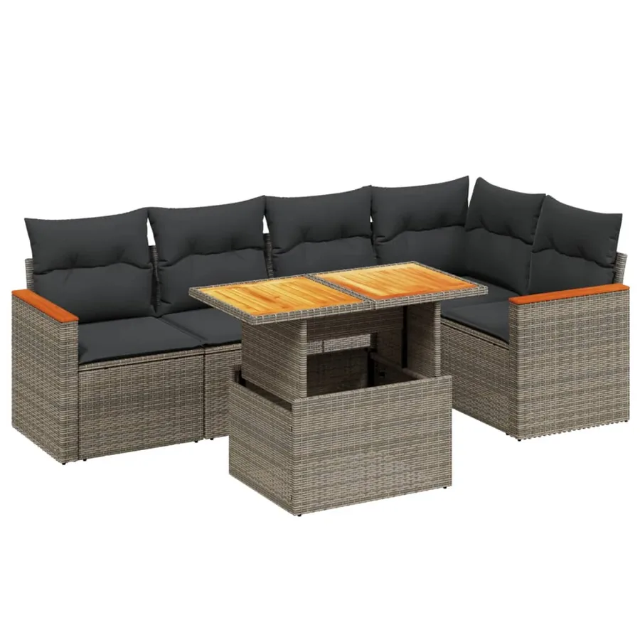 Salon de jardin 6 pcs avec coussins gris résine tressée - 2