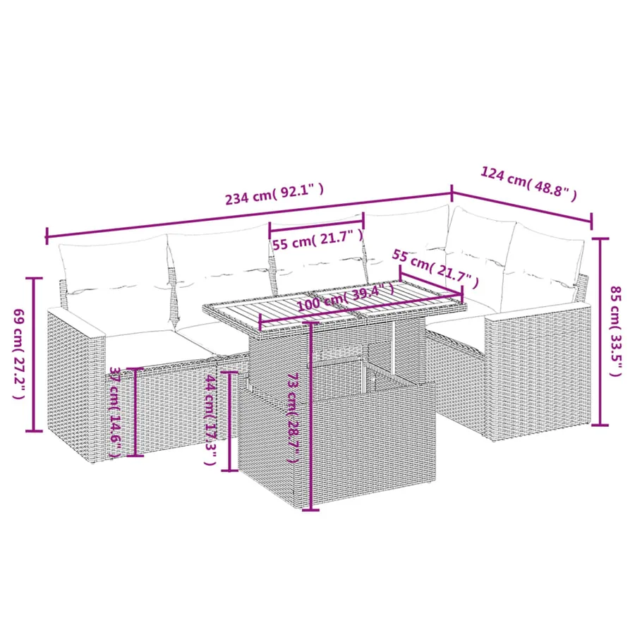 Salon de jardin 6 pcs avec coussins gris résine tressée - 3