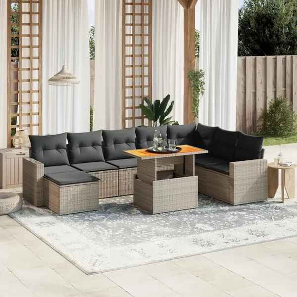 Salon de jardin 9 pcs avec coussins gris résine tressée