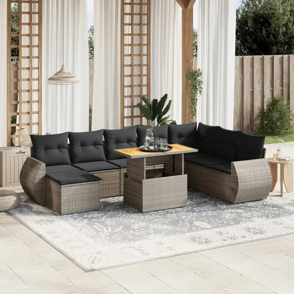 Salon de jardin 9 pcs avec coussins gris résine tressée
