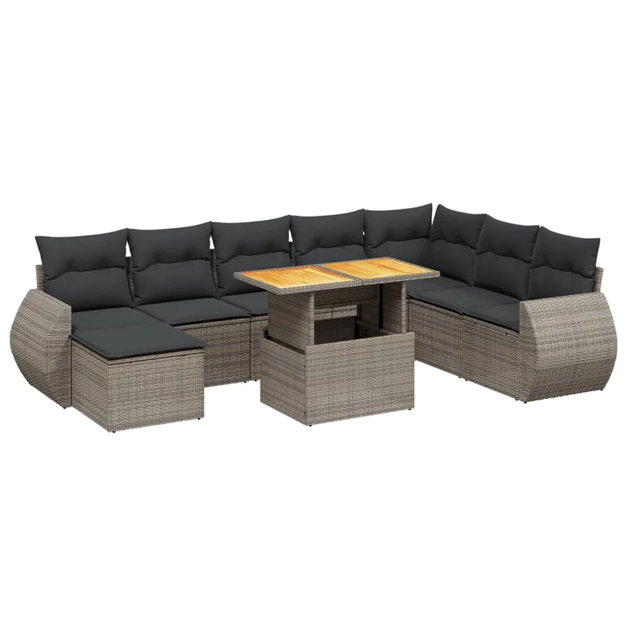 Salon de jardin 9 pcs avec coussins gris résine tressée - 2