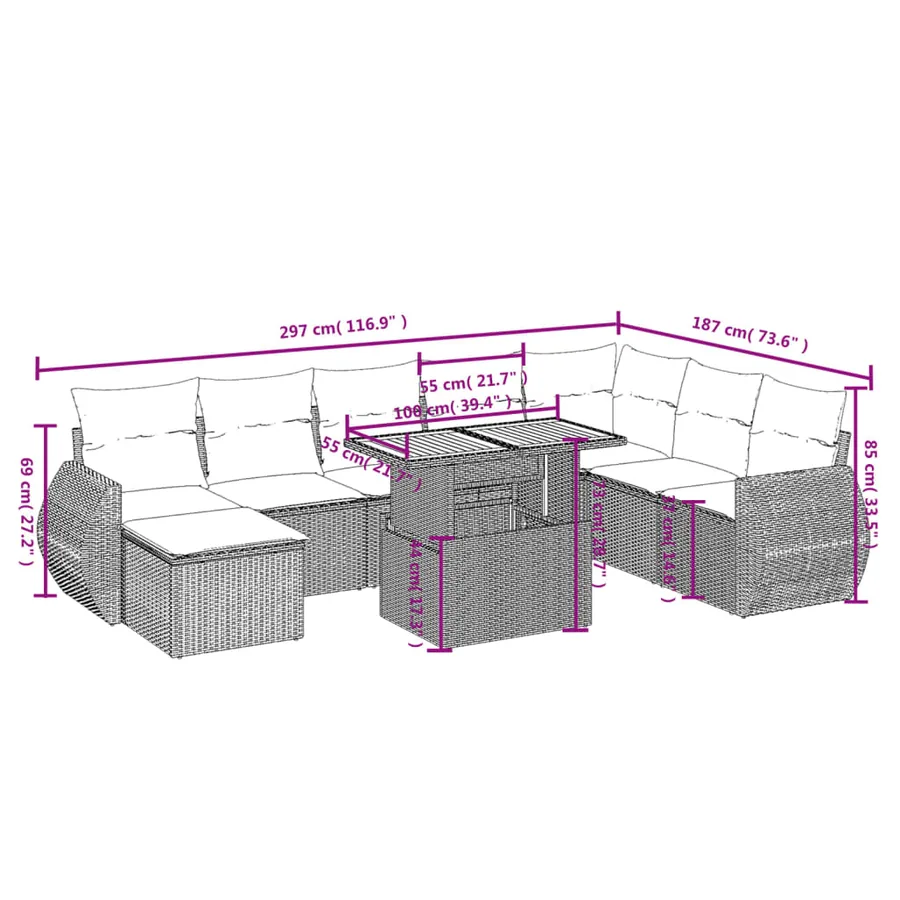 Salon de jardin 9 pcs avec coussins gris résine tressée - 3