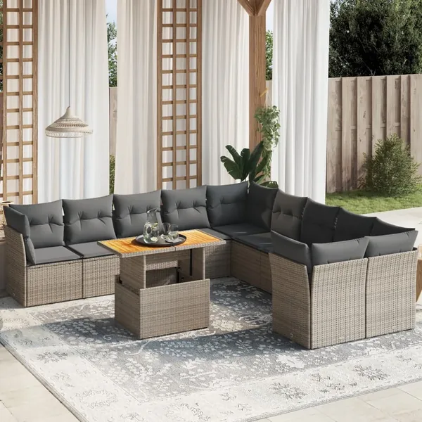 Salon de jardin 11 pcs avec coussins gris résine tressée