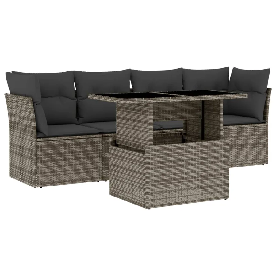 Salon de jardin 5 pcs avec coussins gris résine tressée - 2