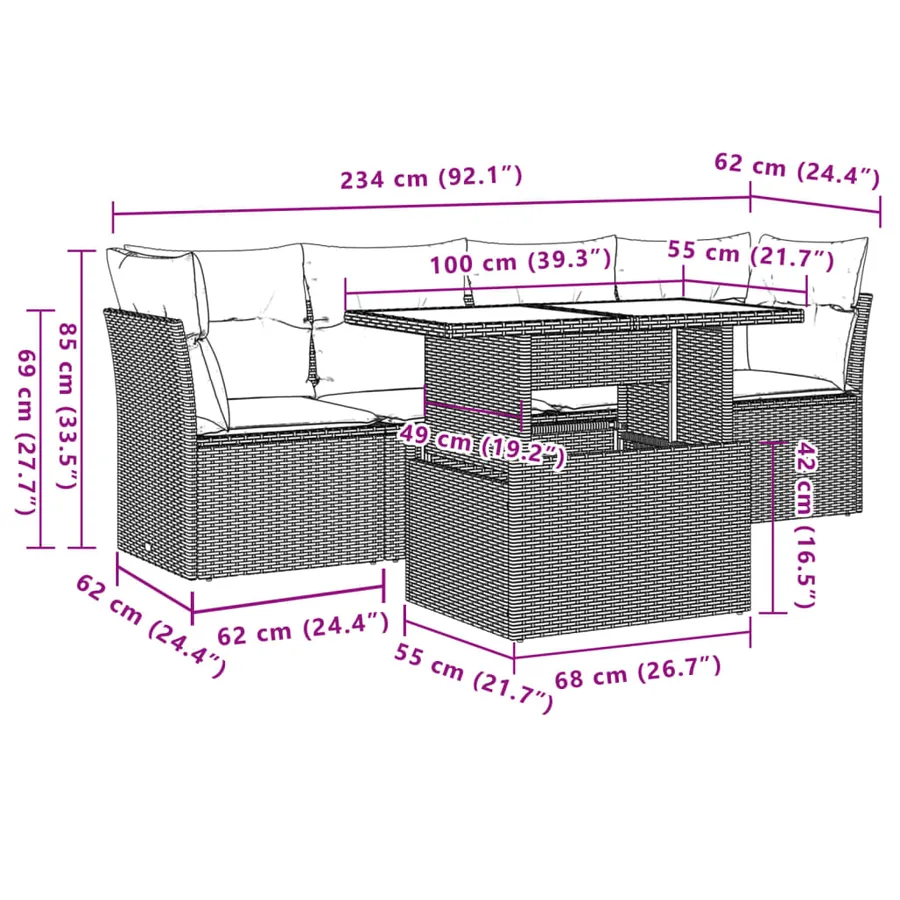 Salon de jardin 5 pcs avec coussins gris résine tressée - 9
