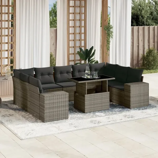 Salon de jardin avec coussins 10 pcs gris résine tressée