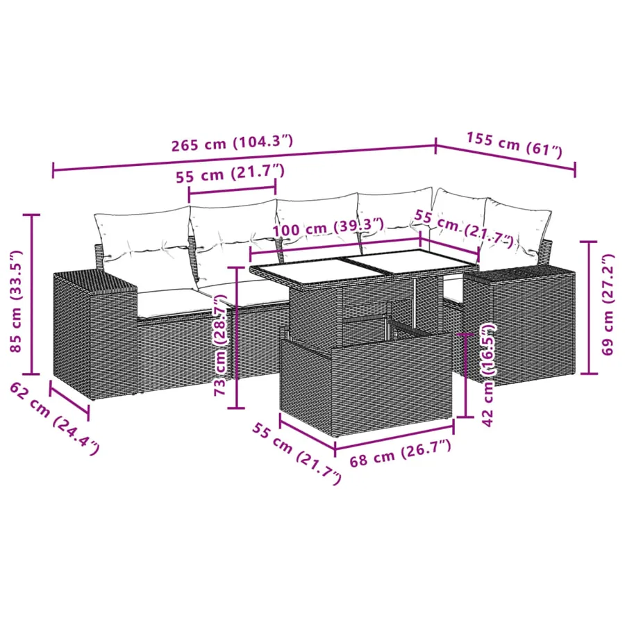 Salon de jardin 6 pcs avec coussins gris résine tressée - 10