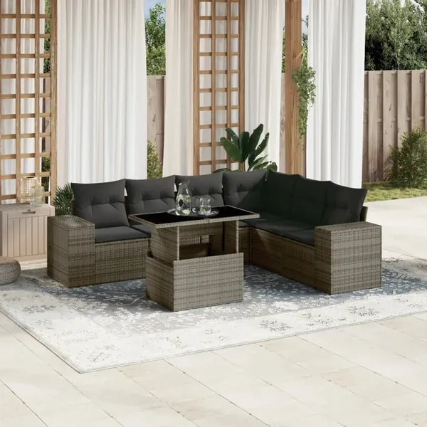 Salon de jardin avec coussins 7 pcs gris résine tressée