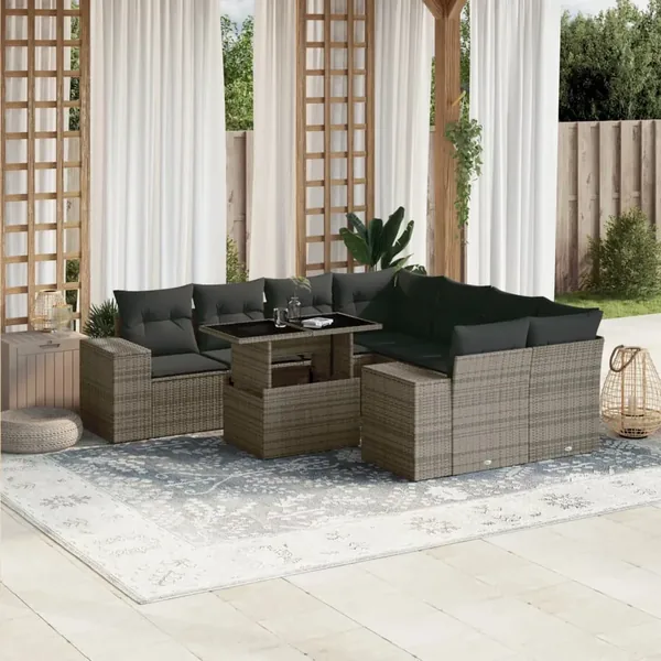 Salon de jardin 9 pcs avec coussins gris résine tressée