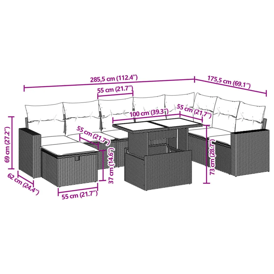 Salon de jardin 9 pcs avec coussins gris résine tressée - 13
