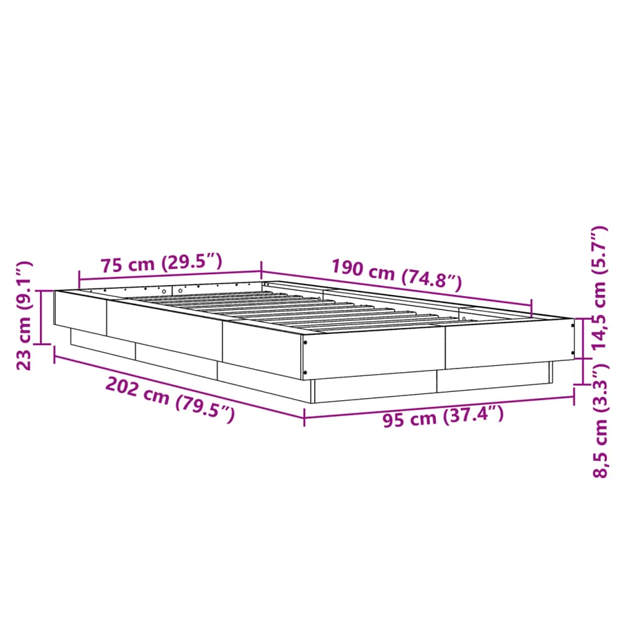 Cadre de lit et lumières LED sans matelas chêne fumé 75x190 cm - 14