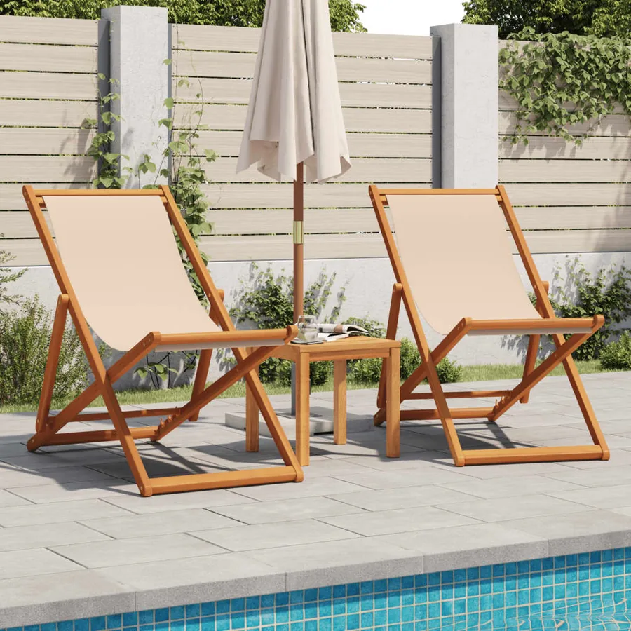 Chaises de plage pliantes lot de 2 beige tissu et bois massif - 2