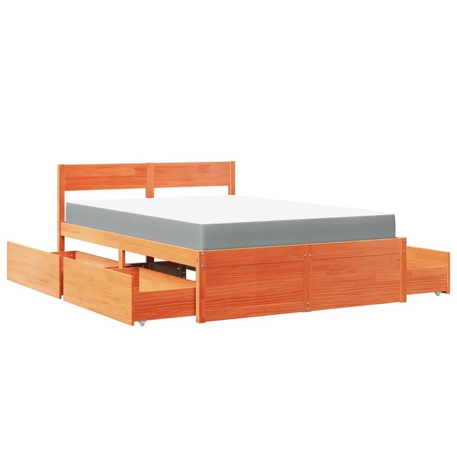 Lit avec tiroirs/matelas cire marron 120x190 cm bois massif pin - 11