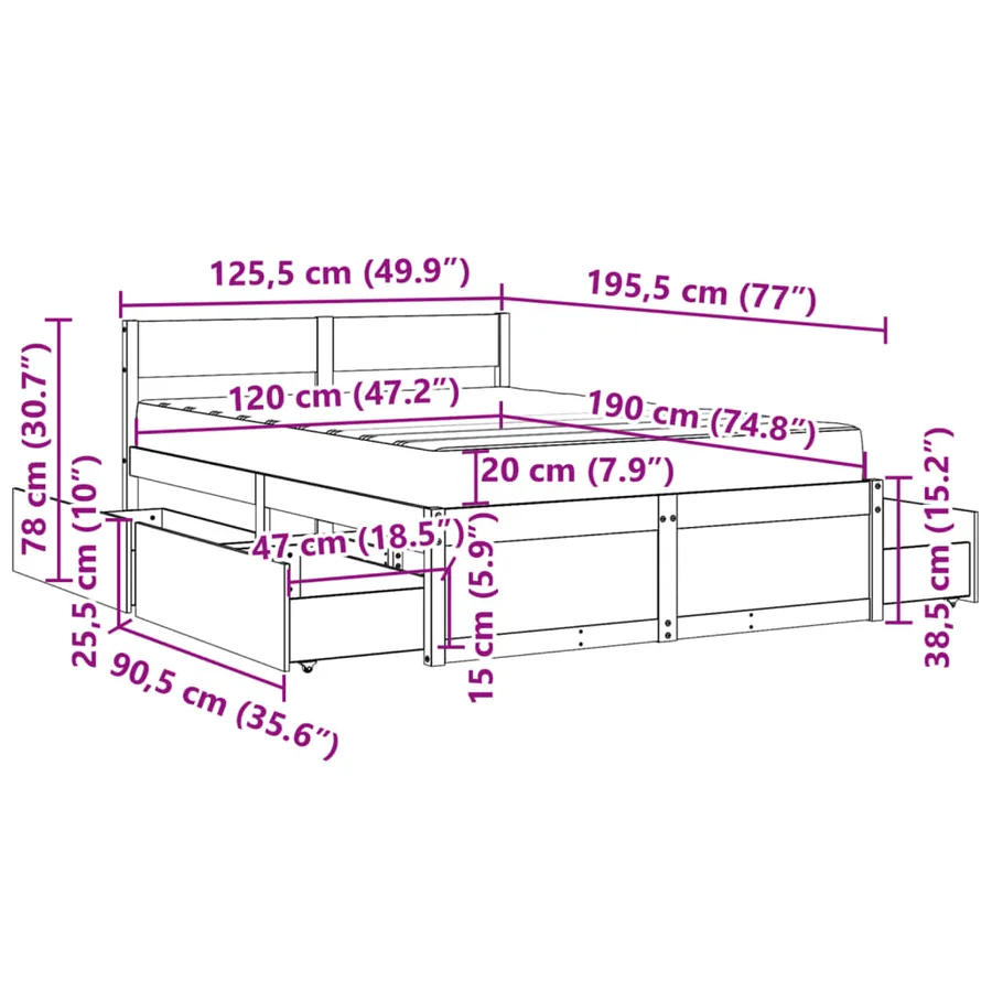Lit avec tiroirs/matelas cire marron 120x190 cm bois massif pin - 14