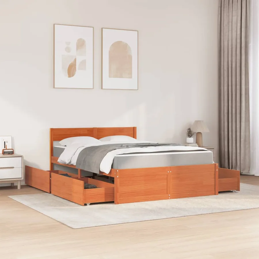 Lit avec tiroirs/matelas cire marron 120x190 cm bois massif pin - 3