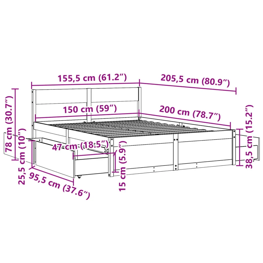 Cadre de lit sans matelas 150x200 cm bois de pin massif - 10