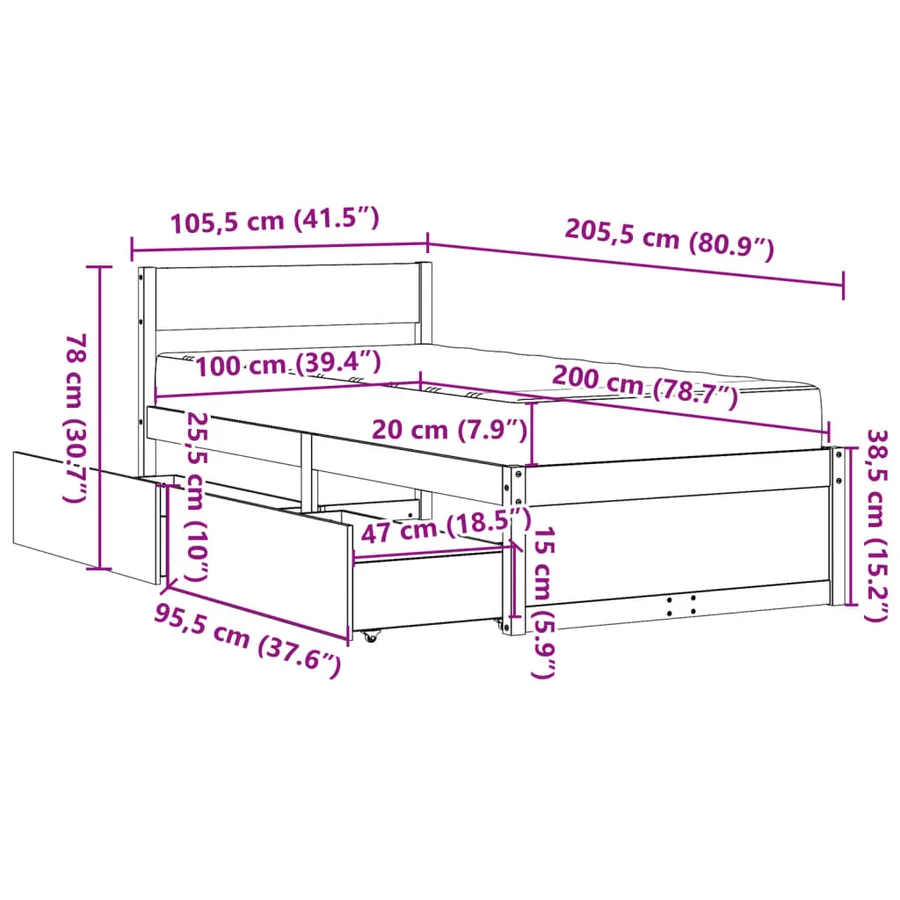 Lit avec tiroirs et matelas blanc 100x200 cm bois massif de pin - 14