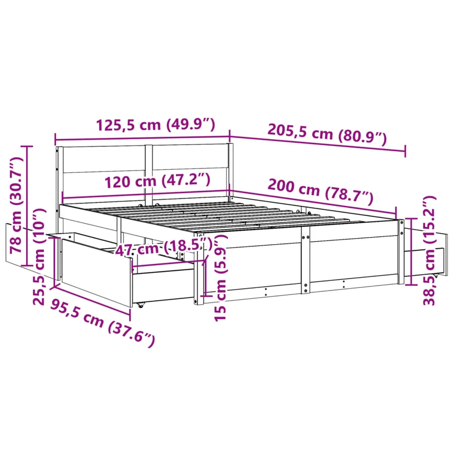 Cadre de lit sans matelas cire marron 120x200cm bois pin massif - 10