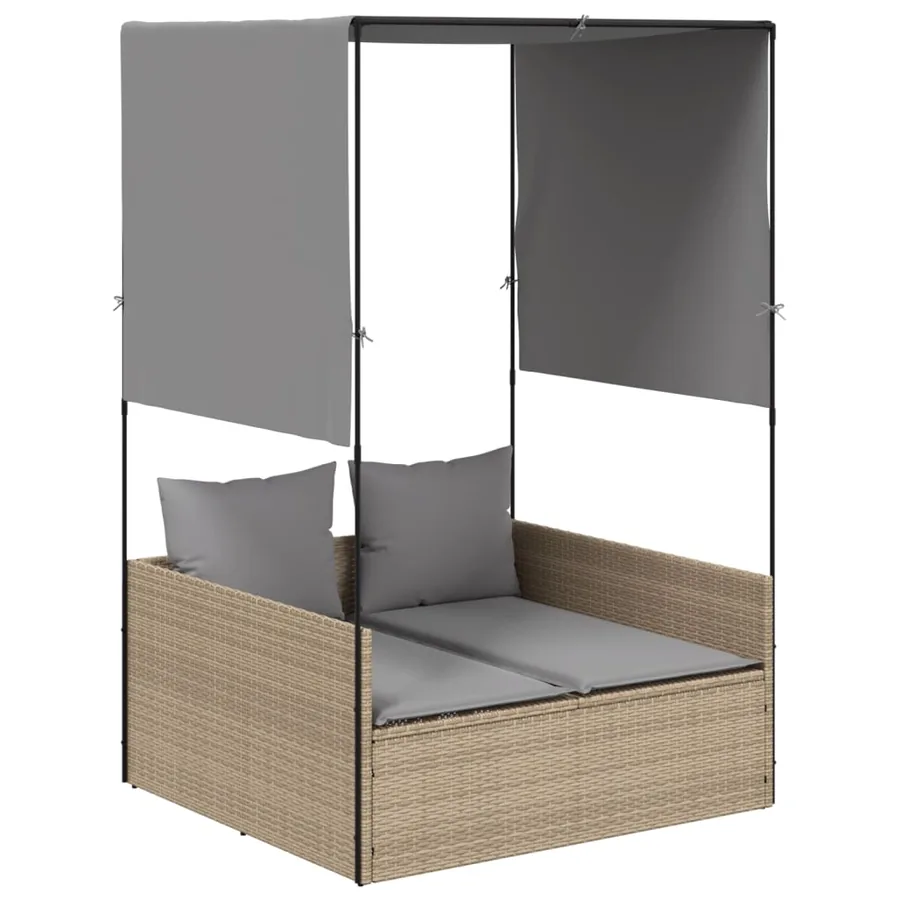 Chaise longue double avec toit et rideaux beige résine tressée - 2