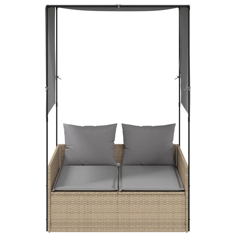 Chaise longue double avec toit et rideaux beige résine tressée - 3