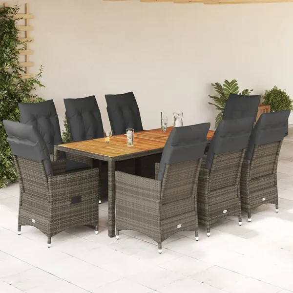 Ensemble à manger de jardin 9 pcs coussins gris résine tressée