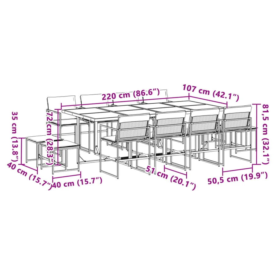 Ensemble à manger de jardin avec coussins 13 pcs noir textilène - 11