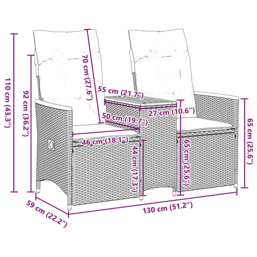 Canapé de jardin inclinable 2 places avec table gris poly rotin - 10