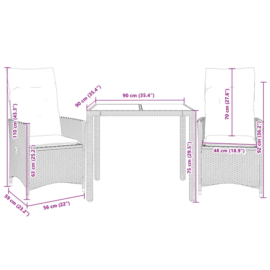 Ensemble de bistro 3 pcs avec coussins marron résine tressée - 7